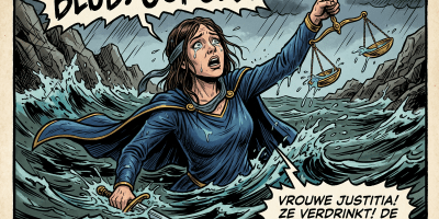 Comic panel reading “BLUB! GORGE!” and “VROUWE JUSTITIA! ZE VERDRINKT! DE RECHTVAARDIGHEID IS VERLOREN!” showing Lady Justice drowning in stormy waves with a sword and scales.