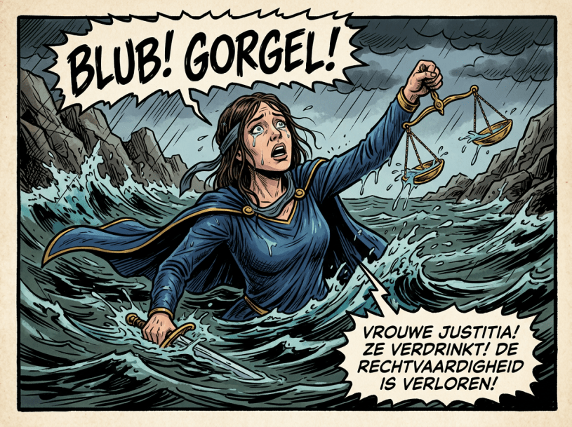 Comic panel reading “BLUB! GORGE!” and “VROUWE JUSTITIA! ZE VERDRINKT! DE RECHTVAARDIGHEID IS VERLOREN!” showing Lady Justice drowning in stormy waves with a sword and scales.