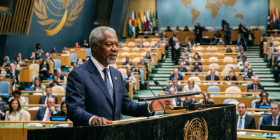 Man speaking at United Nations podium; UNITED NATIONS NATIONS UNIES visible