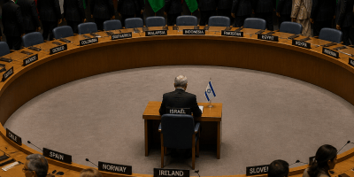 Delegates at a circular conference table surrounded by national flags