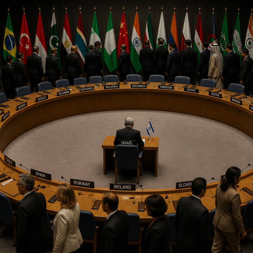 Delegates at a circular conference table surrounded by national flags